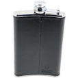 Shiny, black, leather-bound hip flask.